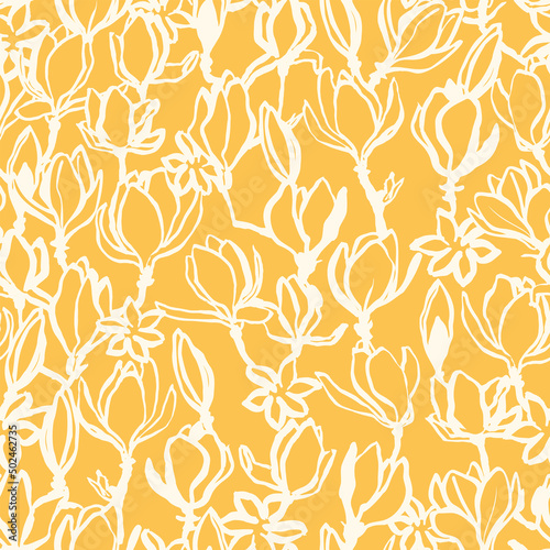 Floral seamless pattern. Colorful vintage vector background with hand drawn magnolia flower. Nostalgic retro fashion print for fabric, paper, goods, home textile