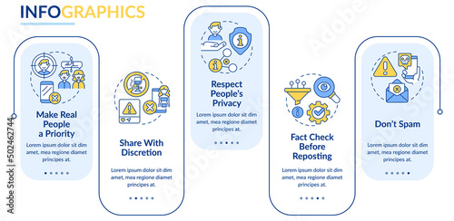 Netiquette rules rectangle infographic template. Online interaction. Data visualization with 5 steps. Process timeline info chart. Workflow layout with line icons. Lato-Bold, Regular fonts used