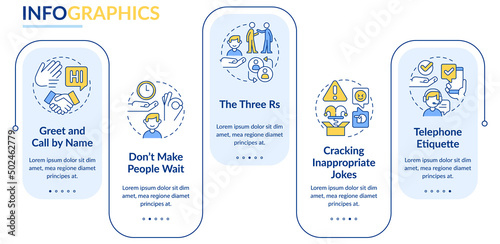 Business etiquette rectangle infographic template. Set of rules. Data visualization with 5 steps. Process timeline info chart. Workflow layout with line icons. Lato-Bold, Regular fonts used