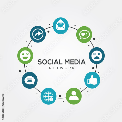 Social media concept with flat icon set.
