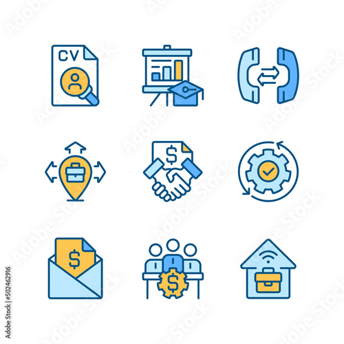 Business coordination pixel perfect RGB color icons set. Professional skills. Isolated vector illustrations. Simple filled line drawings collection. Editable stroke. Montserrat Bold, Light fonts used