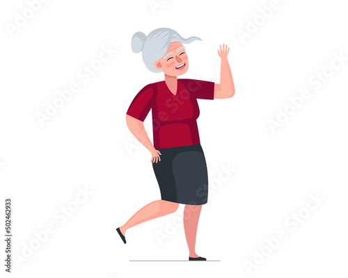 Older woman fun dancing. Elderly female dancer. Old lady waving hands and legs. Retired granny moving to music. Cheerful senior pensioner dance leisure and relaxing. Active modern grandmother vector