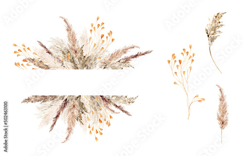 Pampas grass border painted in watercolor. Boho floral neutral colors bouquet, frame. Botanical boho elements isolated on white. Bohemian style wedding invitation, greeting, card, print, scrapbooking
