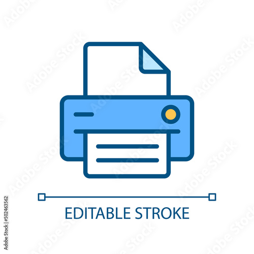 Printer pixel perfect RGB color icon. Office equipment. Device for work purposes. Printing info on paper. Isolated vector illustration. Simple filled line drawing. Editable stroke. Arial font used