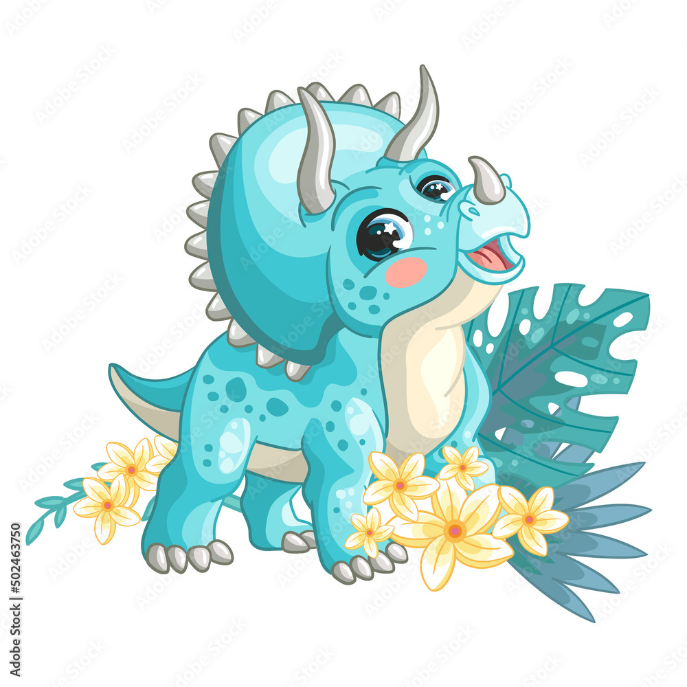 Fototapeta premium Cute cartoon turquoise triceratops with flowers vector isolated illustration
