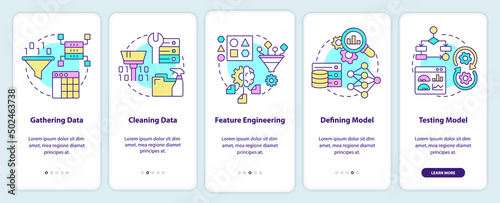 Problem solving steps in machine learning onboarding mobile app screen. Walkthrough 5 steps graphic instructions pages with linear concepts. UI, UX, GUI template. Myriad Pro-Bold, Regular fonts used