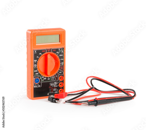 Orange digital multimeter isolated on white background