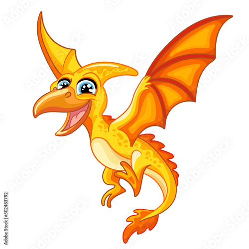 Cute cartoon yellow flying pterodactyl vector isolated illustration