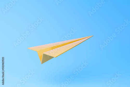 Yellow origami paper airplane icon on blue background. 3d render illustration..