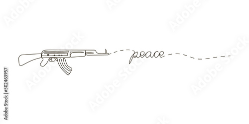 Peace continuous line drawing. One line art of english hand written lettering with wishes of peace and weapon, Kalashnikov rifle.