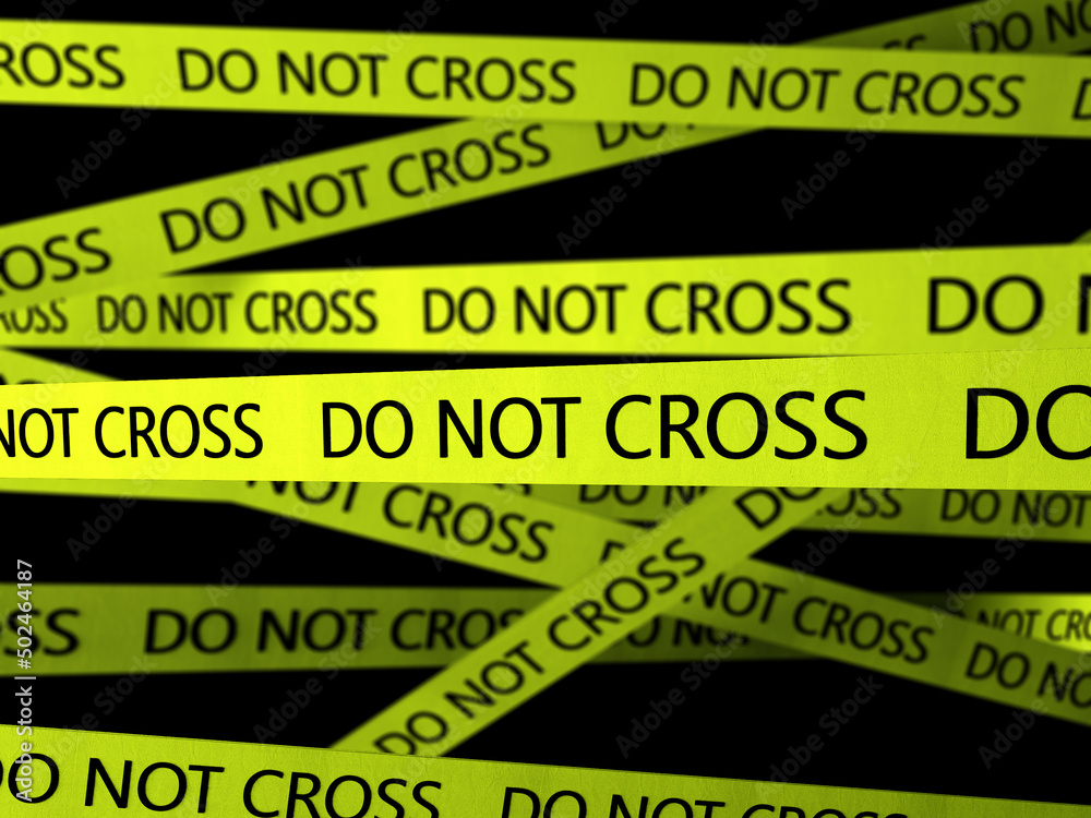 Do not cross tape. Do not cross line. Police Yellow Warning Tape. Caution. Criminal accident. Police crime scene. Isolated on solid black background. 3d render