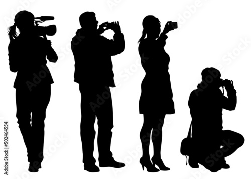 People with a photo camera on white background