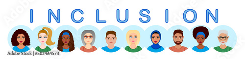 Diversity inclusion and equality concept. Racial divercity icons. Set of avatars. Arab, african, hispanic(latina) and european (caucasian) women. Down syndrome. Girl wearing hijab. Old lady and man