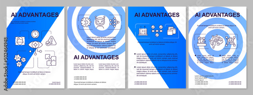 Artificial intelligence advantages blue brochure template. Leaflet design with linear icons. 4 vector layouts for presentation, annual reports. Arial-Black, Myriad Pro-Regular fonts used