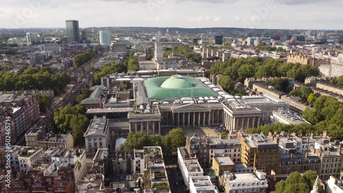 Drone view of the British Museum with dense buildings around.
