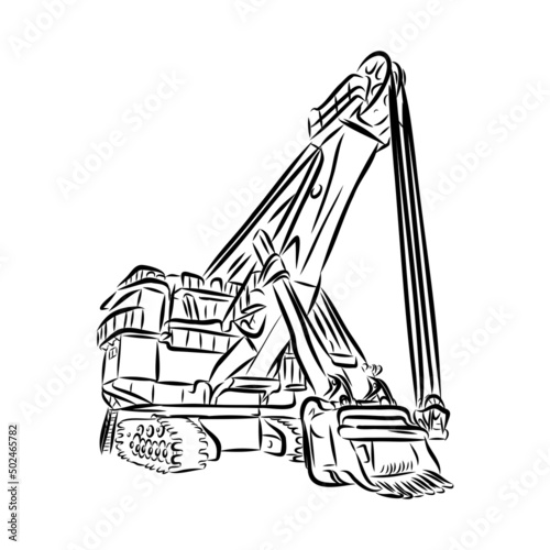 Excavator on construction site hand drawn illustration. Vector.