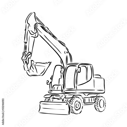 Excavator on construction site hand drawn illustration. Vector.