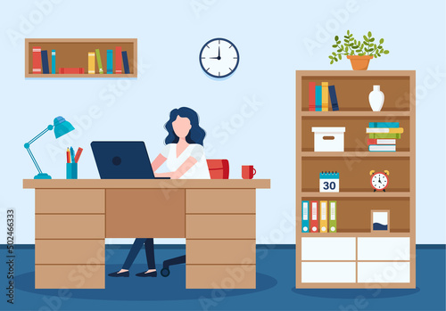 A young woman secretary working at the computer in office. workflow process. administrative administration. business administration. Illustrated by vector