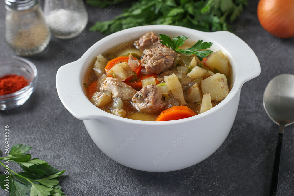 Pichelsteiner, German stew or thick soup with meat and vegetables, Close-up Pichelsteiner, German stew or thick soup with meat and vegetables, Close-up