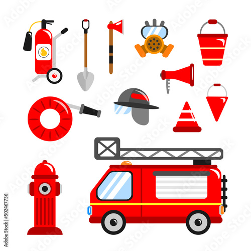 Set of red tools firemen in cartoon style. Vector illustration of fire engine, fire extinguisher, hydrant, hose, shovel, ax, helmet, gas mask, bucket, loudspeaker and kunos on white background.
