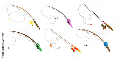 Set of colorful fishing rods in cartoon style. Vector illustration of tools for fishing river and sea of various shapes on white background.