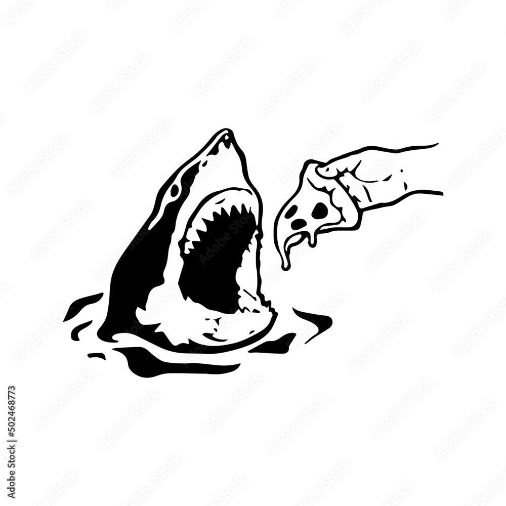Naklejka premium Shark with open jaws. Hand with a Pizza slice Vector. Download it now
