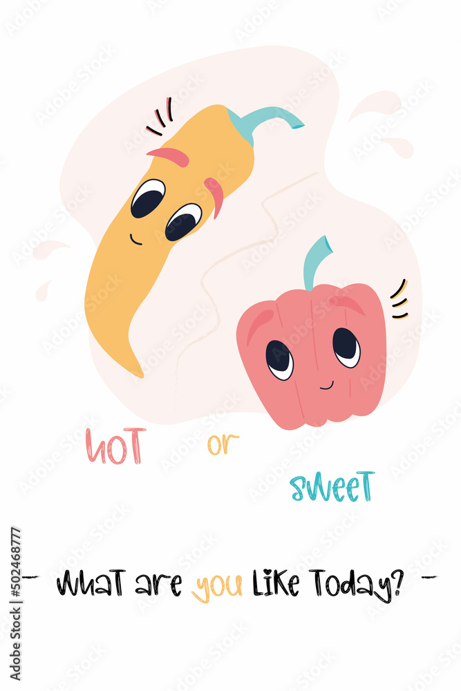 Card with peppers and a funny phrase. Hot and sweet peppers. What are you like today ? Answer choice. Isolated vector illustration with kawaii vegetables. Card with peppers and a funny phrase. Hot and sweet peppers. What are you like today ? Answer choice. Isolated vector illustration with kawaii vegetables.