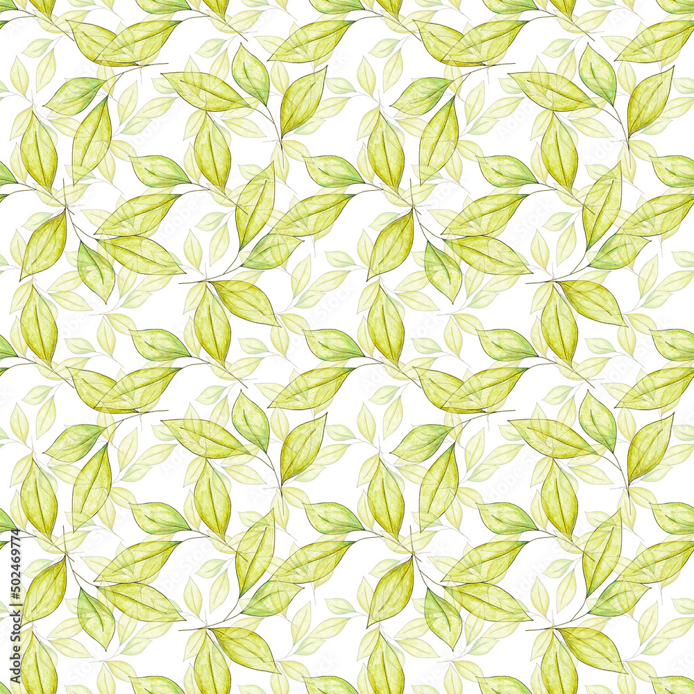 Seamless watercolor leaf pattern. A hand-drawn botanical illustration. For the design of things, wrapping paper, decoupage, covers, fabric, postcards, invitations and etc. Isolated on white background Seamless watercolor leaf pattern. A hand-drawn botanical illustration. For the design of things, wrapping paper, decoupage, covers, fabric, postcards, invitations and etc. Isolated on white background