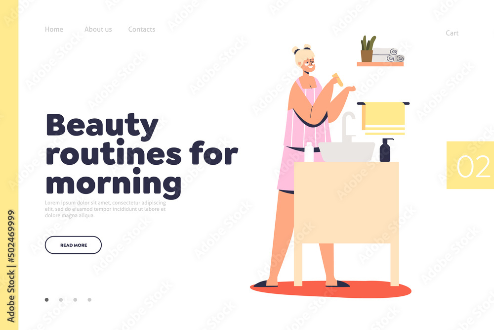 Beauty routine for morning concept of landing page with woman applying skincare cream lotion on face Beauty routine for morning concept of landing page with woman applying skincare cream lotion on face