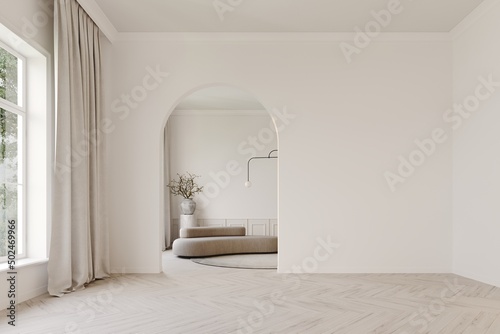 White classic room with an archway for the entrance. Beige sofa and coffee table in the background. Mockup for furniture or product presentation