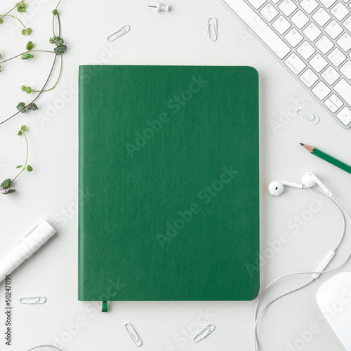 Flatlay of home office desk table. Top view of workspace with green notebook, keyboard, mouse, marker, pencil, headphones, pins and plants on white background.