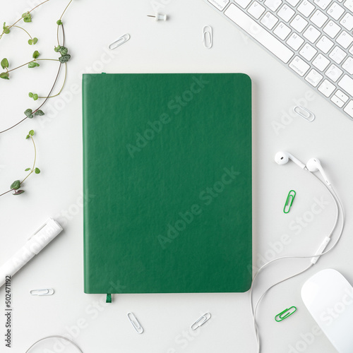 Flatlay of home office desk table. Top view of workspace with green notebook, keyboard, mouse, marker, headphones, pins and plants on white background.