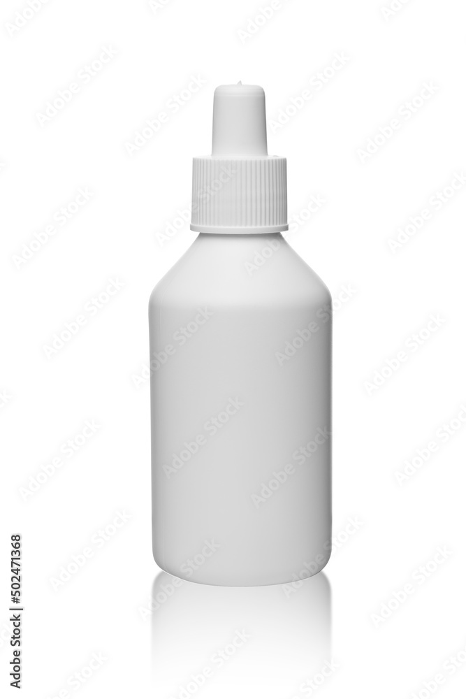 Mock up plastic bottle for hydrogen peroxide isolated on white background with copy space, medicine liquid container or tube with reflection Mock up plastic bottle for hydrogen peroxide isolated on white background with copy space, medicine liquid container or tube with reflection