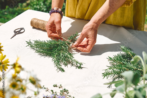 Alternative medicine. Collection and drying of herbs. Woman holding in her hands a bunch of rosemary. Herbalist woman preparing fresh scented organic herbs for natural herbal methods of treatment.