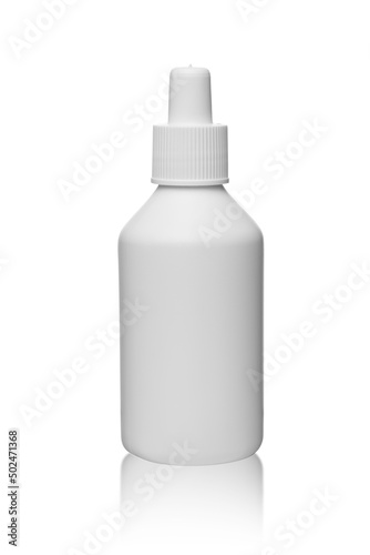 Mock up plastic bottle for hydrogen peroxide isolated on white background with copy space, medicine liquid container or tube with reflection  photo