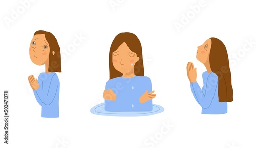 Crying women set, prayer person, suffering people. A lot of teardrops 