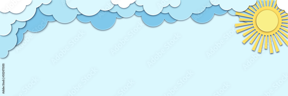 Blue sky, clouds and sun in paper cut style. Cute background with place for your text. Vector background