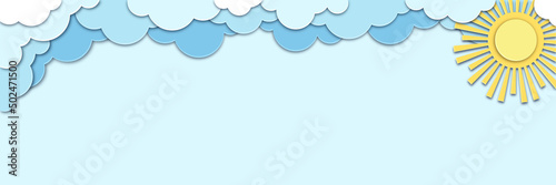 Blue sky, clouds and sun in paper cut style. Cute background with place for your text. Vector background