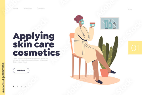 Applying skincare cosmetics concept of landing page with woman using moisturizing face mask