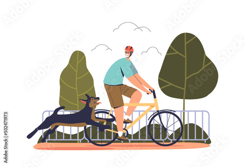 Senior man walk dog while riding bicycle. Elderly male active outdoors on bike with happy pet