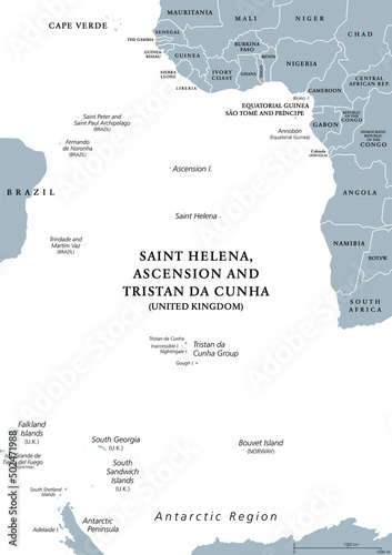 South Atlantic Islands gray political map. Islands and archipelagos between Africa and Brazil, Cape Verde and Antarctic Region. British Overseas Territory Saint Helena, Ascension and Tristan da Cunha.