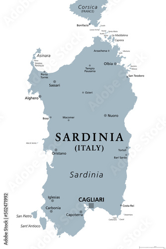 Sardinia, Italian island, gray political map, with capital Cagliari. Sardegna, Autonomous Region of Sardinia, second-largest island in the Mediterranean Sea south of Corsica west of Italian Peninsula.
