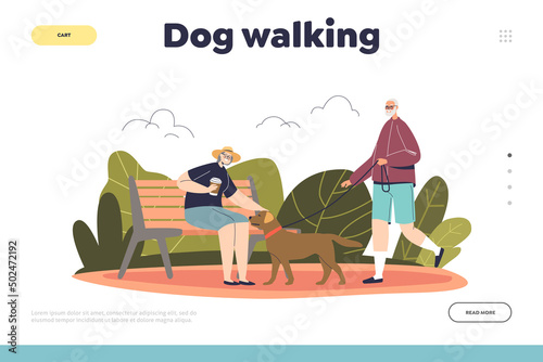 Dog walking concept of landing concept with senior people in park with dog