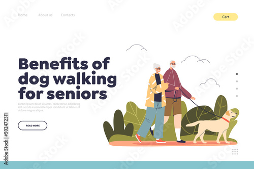 Benefits of dog walking for seniors concept of landing page with elderly couple with dog in park