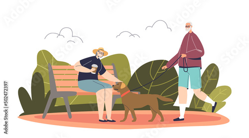 Senior people in park walking dog. Old woman enjoy spending time outdoors with pet