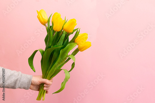 Woman's hand with a bouquet of yellow tulips on pink background © Inna