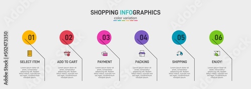 Concept of shopping process with 6 successive steps. Six colorful graphic elements. Timeline design for brochure, presentation, web site. Infographic design layout.