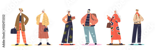Fashion clothes collection for elderly people. Set of senior adults wearing trendy hipster outfit