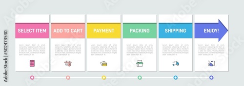 Concept of shopping process with 6 successive steps. Six colorful graphic elements. Timeline design for brochure, presentation, web site. Infographic design layout.