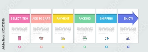 Concept of shopping process with 6 successive steps. Six colorful graphic elements. Timeline design for brochure  presentation  web site. Infographic design layout.